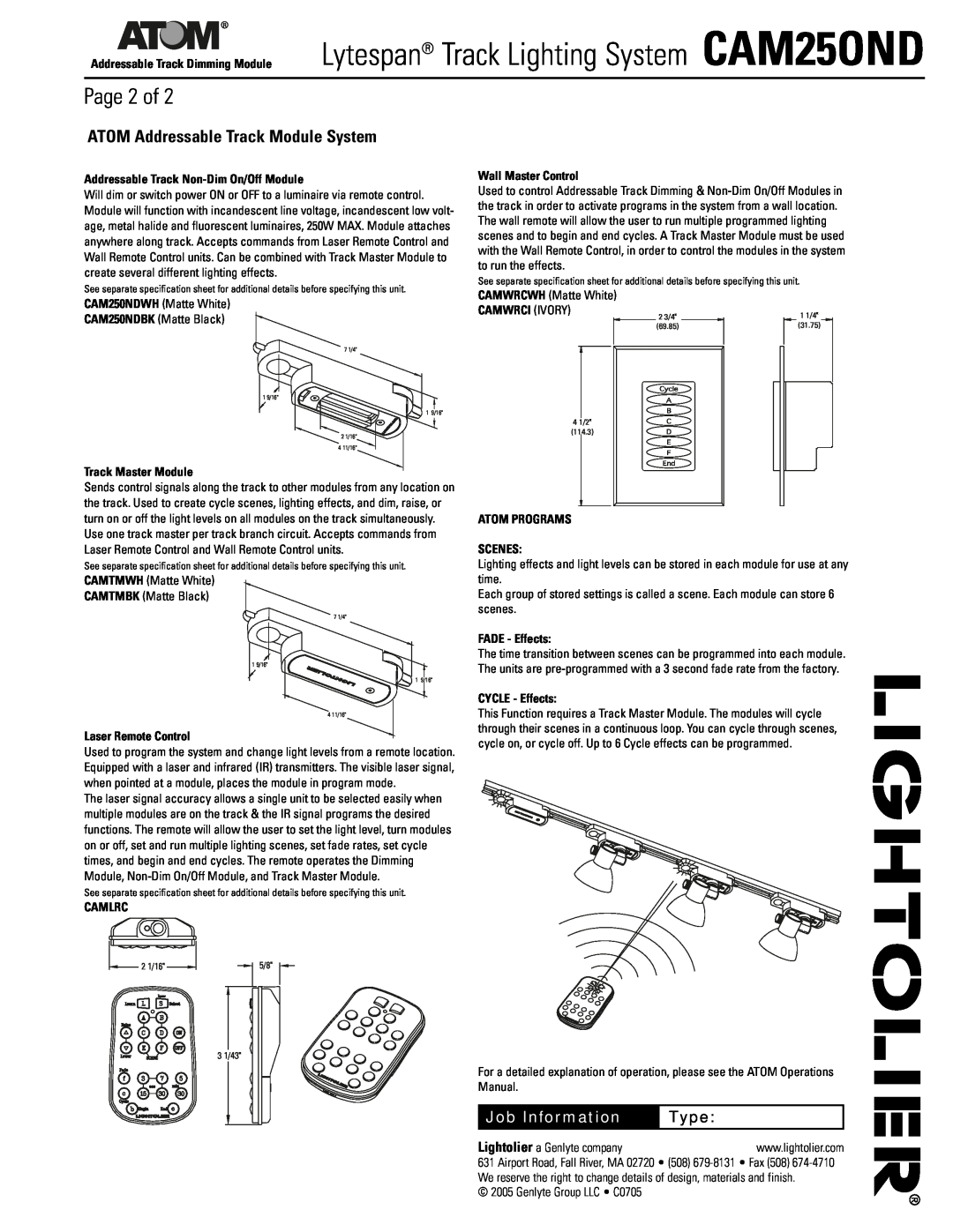Lightolier CAM250ND dimensions Page 2 of, ATOM Addressable Track Module System, Job Information, Type, CAMWRCWH Matte White 