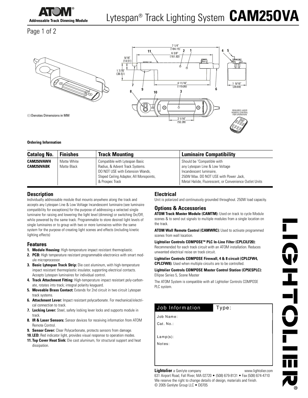 Lightolier CAM25OVA dimensions Finishes Track Mounting Luminaire Compatibility, Description, Features, Electrical 