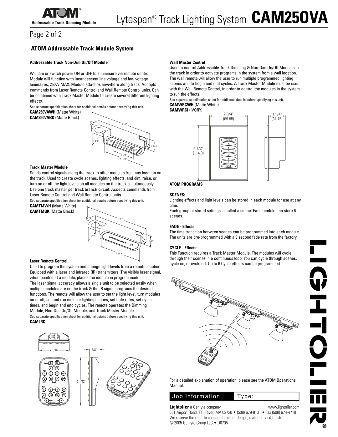 Lightolier CAM25OVA dimensions Atom Addressable Track Module System, Camlrc, Camwrci Ivory, Atom Programs Scenes 