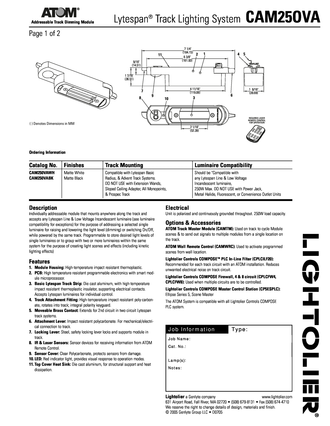 Lightolier CAM25OVA dimensions Page 1 of, Finishes, Track Mounting, Luminaire Compatibility, Description, Features, Type 