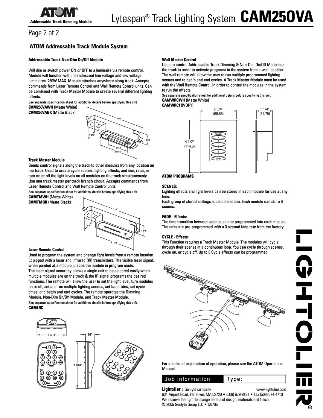 Lightolier CAM25OVA dimensions Page 2 of, ATOM Addressable Track Module System, Job Information, Type 