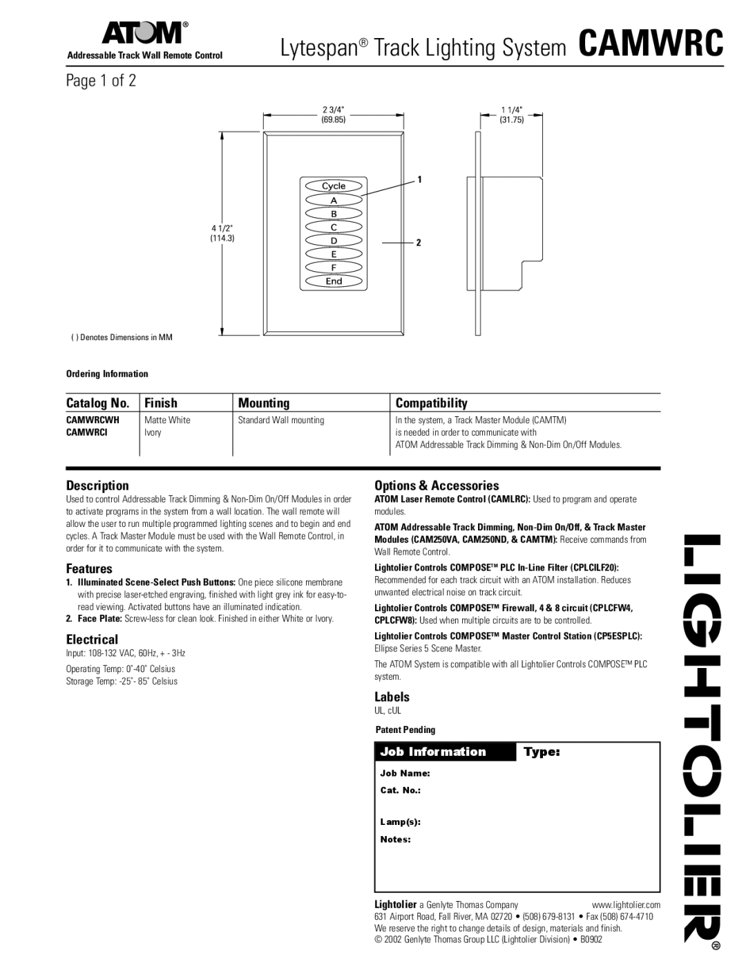 Lightolier CAMWRC dimensions Finish Mounting Compatibility, Description, Features, Electrical, Options & Accessories 