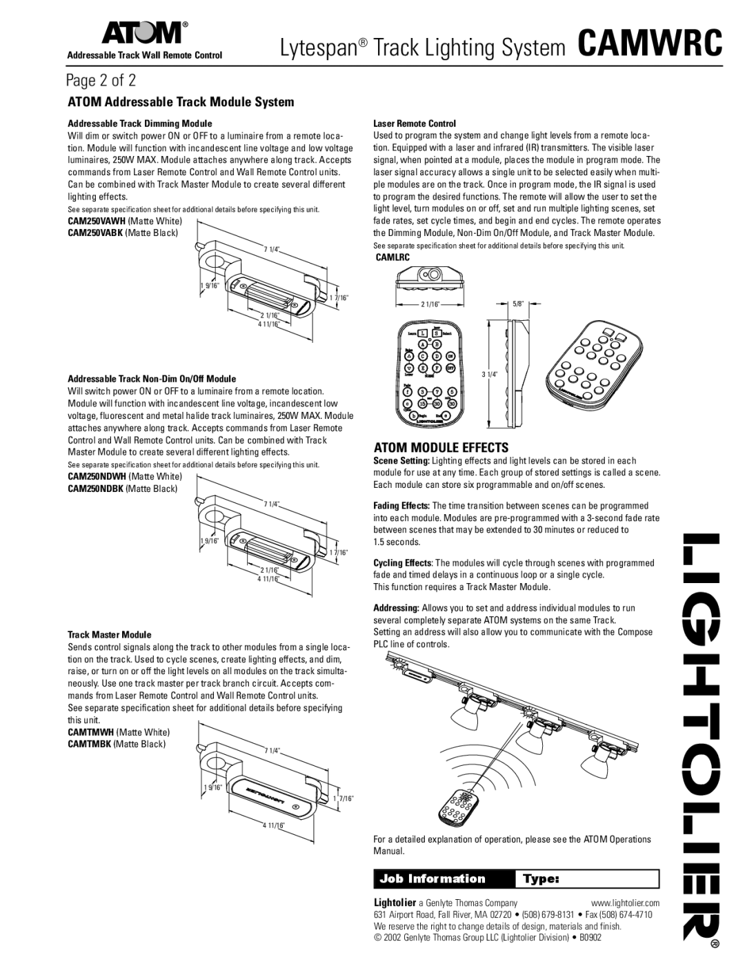 Lightolier CAMWRC dimensions Atom Addressable Track Module System, Addressable Track Dimming Module, Track Master Module 