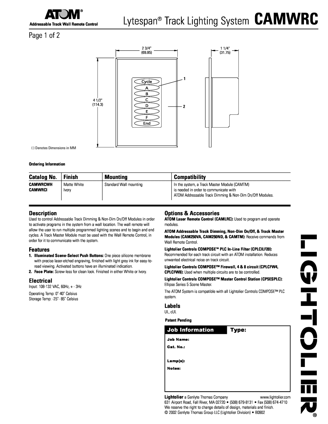 Lightolier dimensions Lytespan Track Lighting System CAMWRC, Page 1 of, Finish, Mounting, Compatibility, Description 