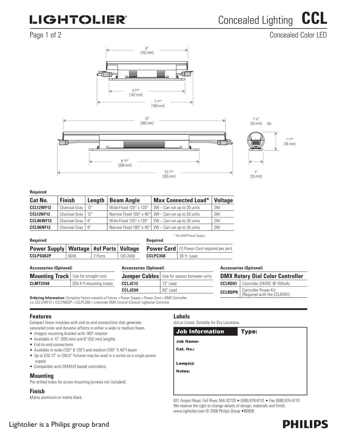 Lightolier CCL manual Cat No Finish, Beam Angle, DMX Rotary Dial Color Controller, Features, Mounting, Labels 