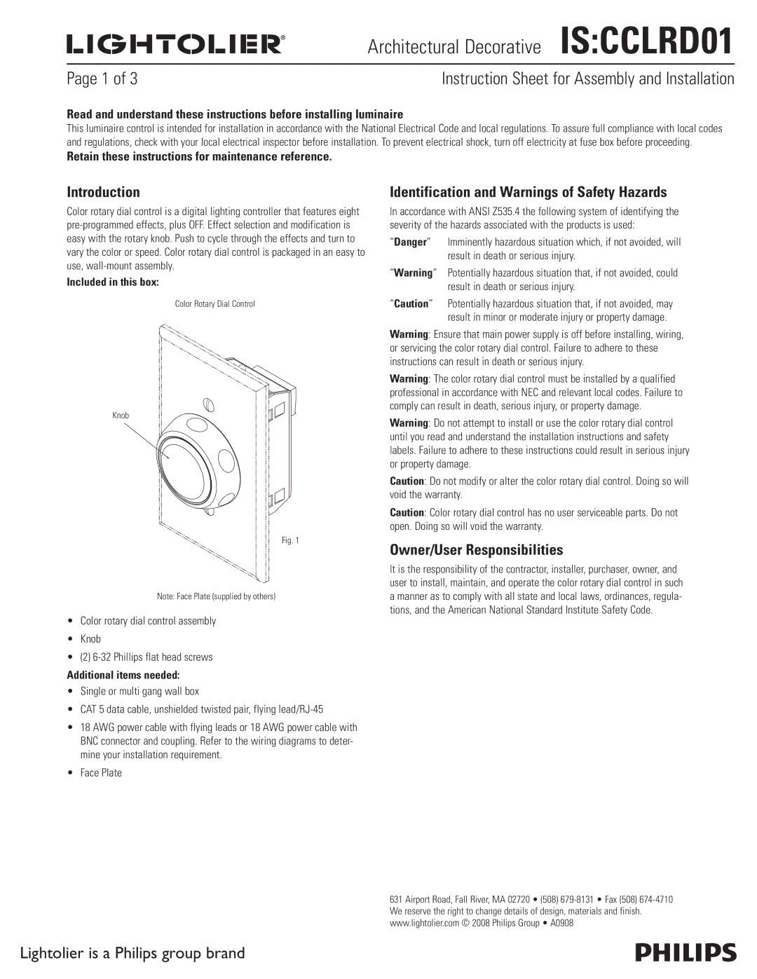 Lightolier CCLRD01 instruction sheet Lightolier is a Philips group brand, Introduction, Owner/User Responsibilities 