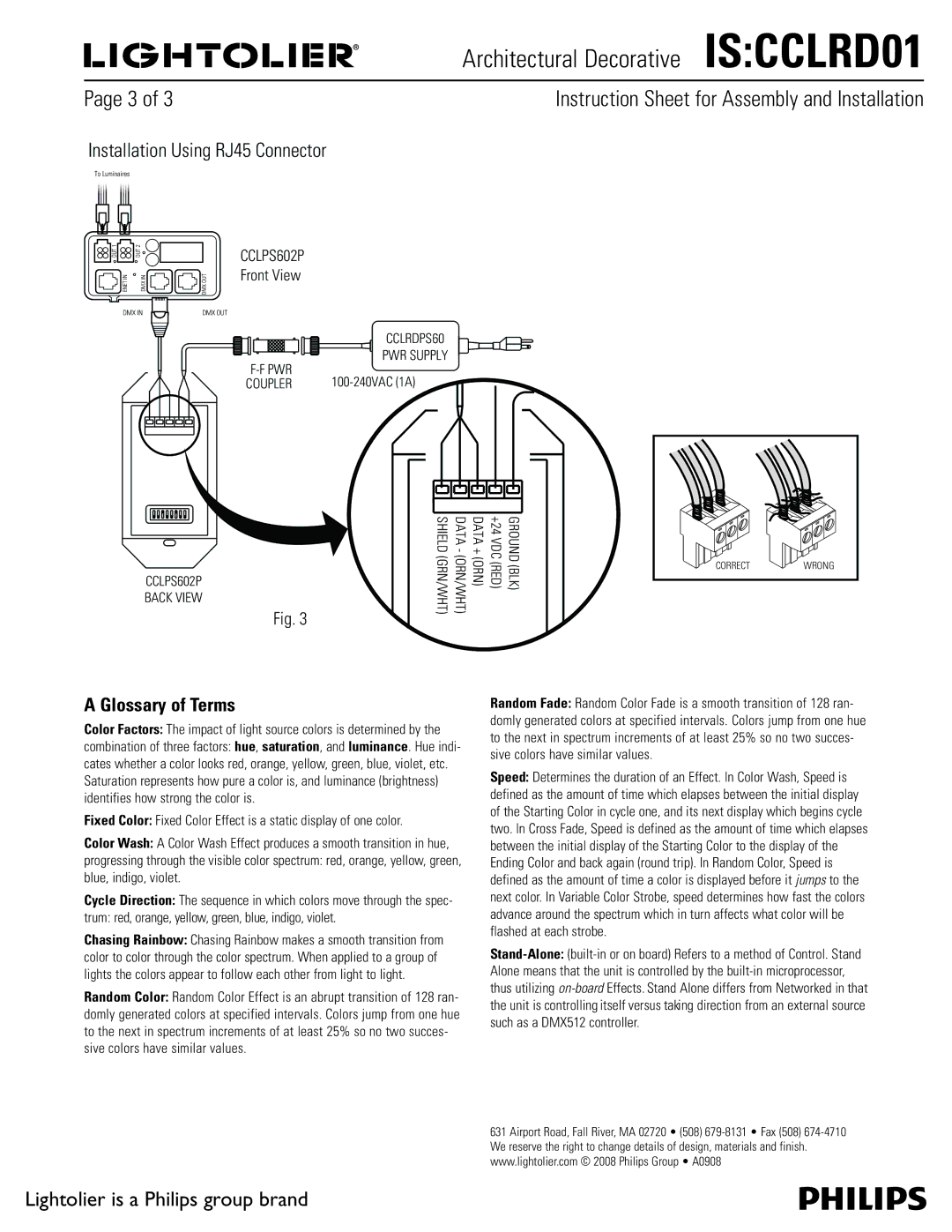 Lightolier CCLRD01 instruction sheet Installation Using RJ45 Connector, Glossary of Terms 