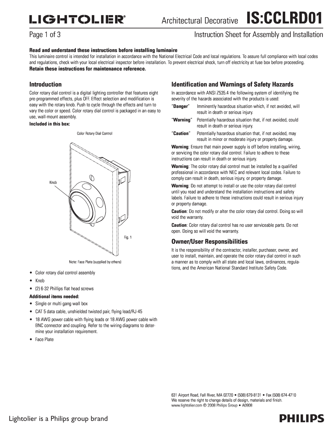 Lightolier instruction sheet Architectural DecorativeIS CCLRD01, Instruction Sheet for Assembly and Installation 