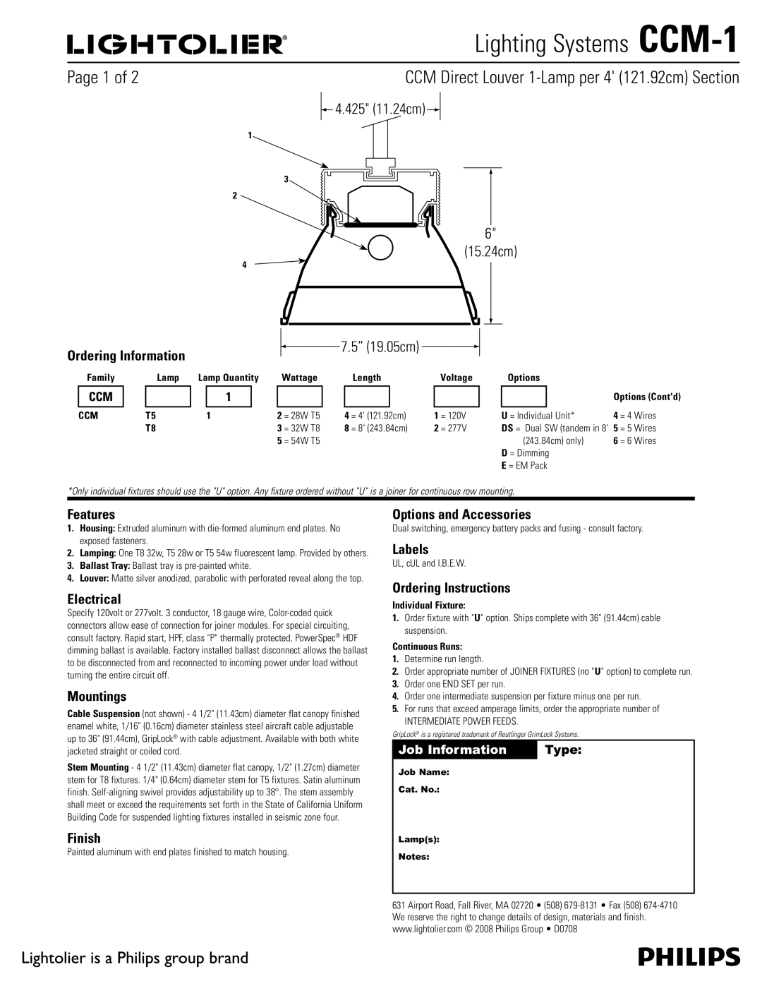 Lightolier CCM-1 manual Features, Electrical, Mountings, Finish, Options and Accessories, Labels, Ordering Instructions 