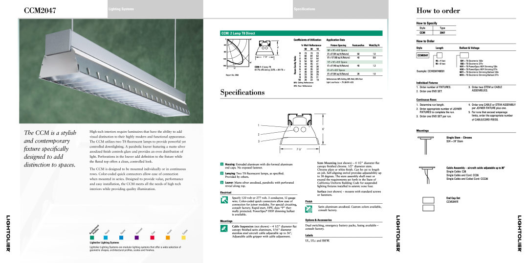 Lightolier CCM2047E brochure Speciﬁcations CCM 2 Lamp T8 Direct, How to Specify, How to Order, How to order 