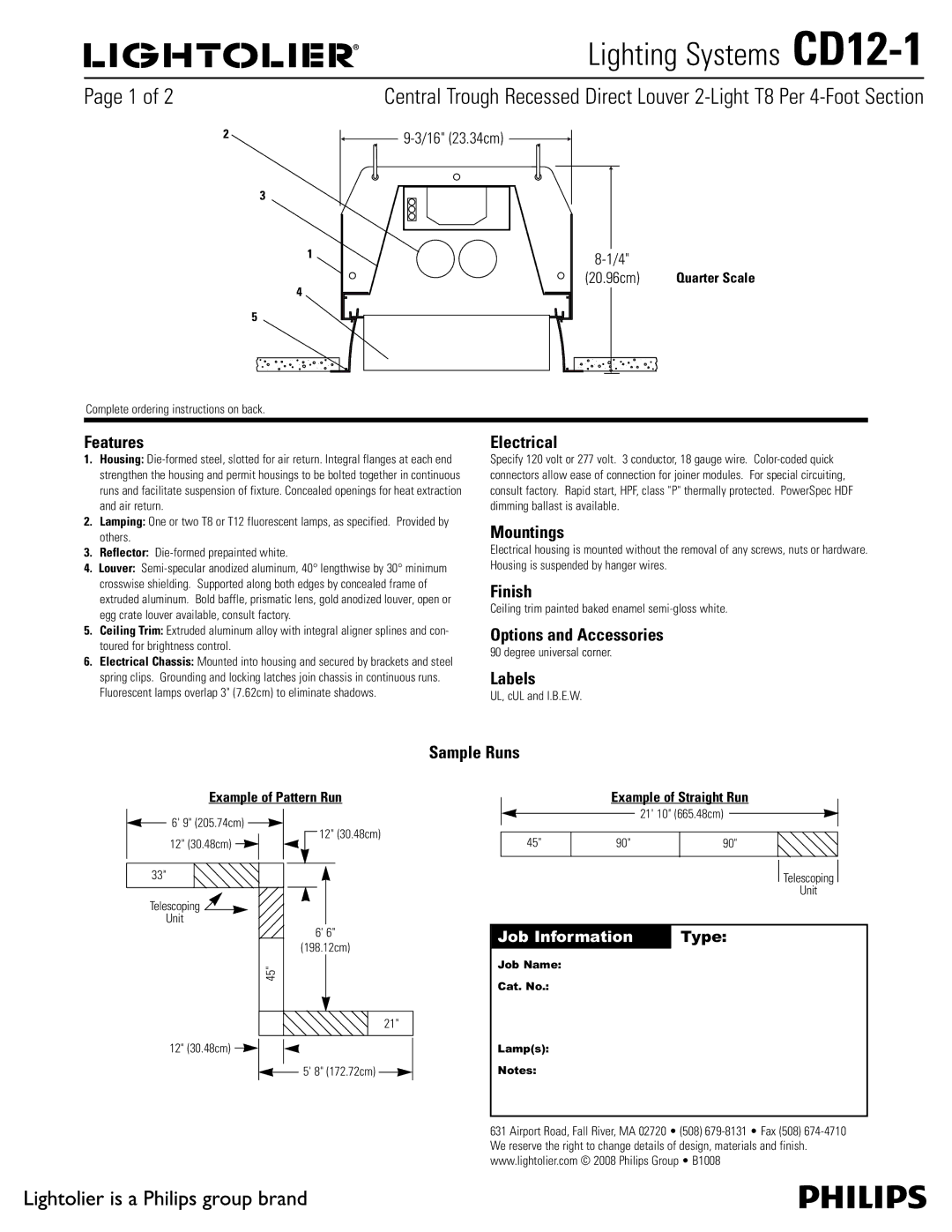 Lightolier CD12-1 manual Features, Electrical, Mountings, Finish, Options and Accessories, Labels, Sample Runs 