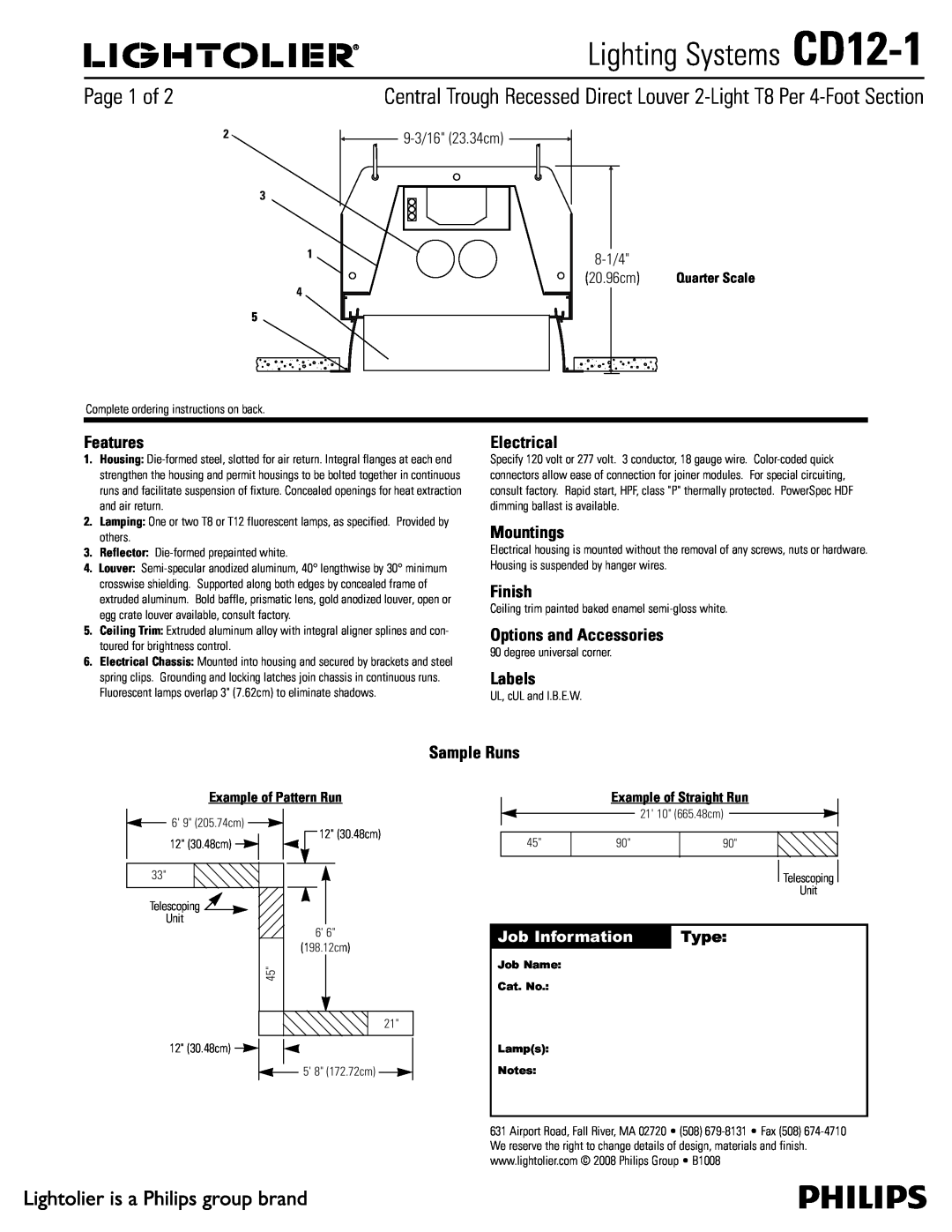 Lightolier CD12-1 manual Features, Electrical, Mountings, Finish, Options and Accessories, Labels, Sample Runs, 20.96cm 
