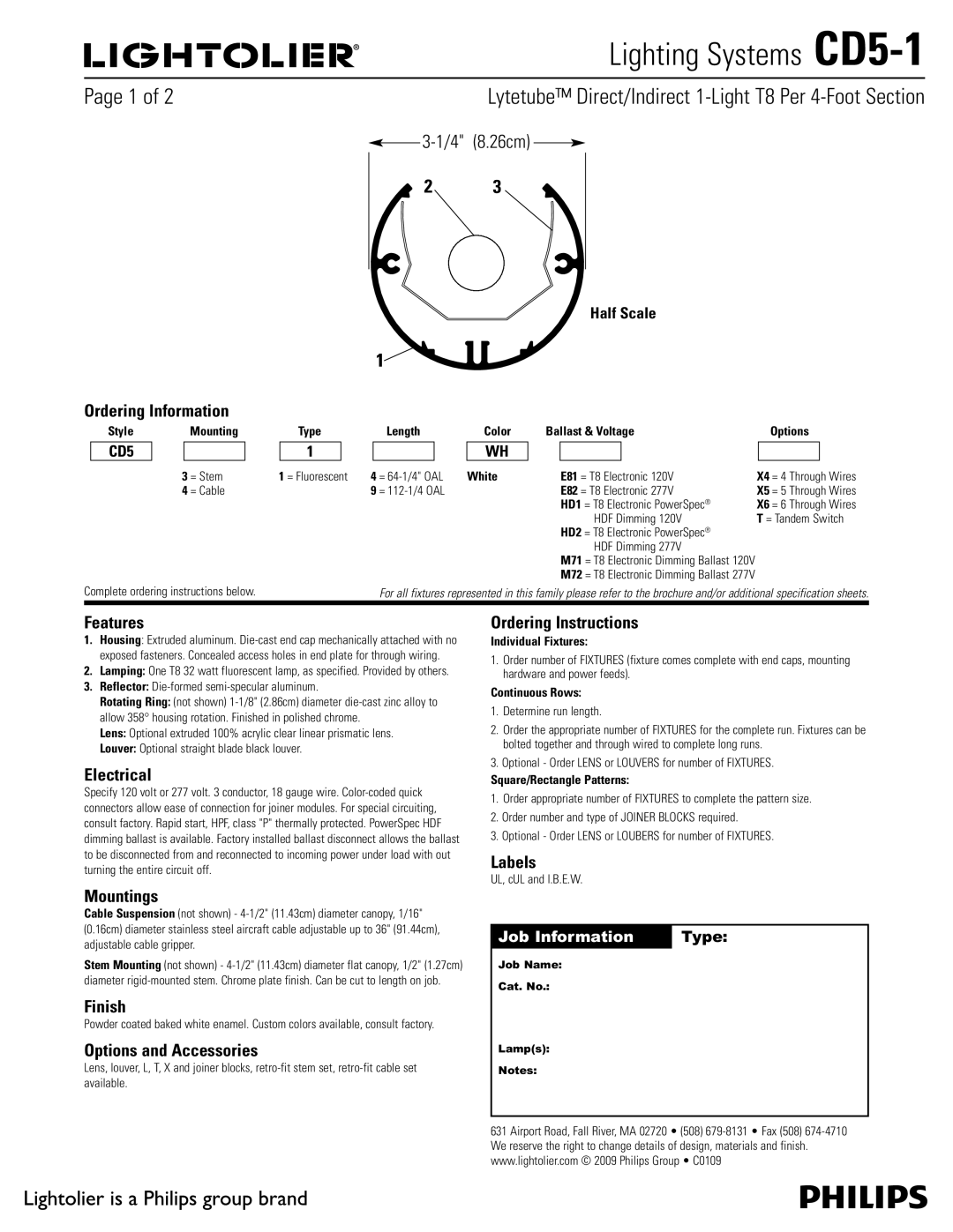 Lightolier CD5-1 brochure Ordering Information, Features, Electrical, Mountings, Finish, Options and Accessories, Labels 