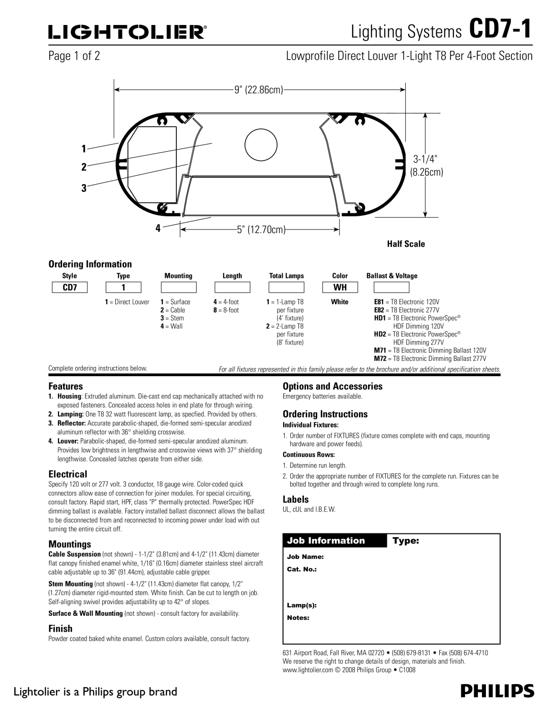 Lightolier CD7-1 brochure Ordering Information, Features, Electrical, Mountings, Finish, Options and Accessories, Labels 