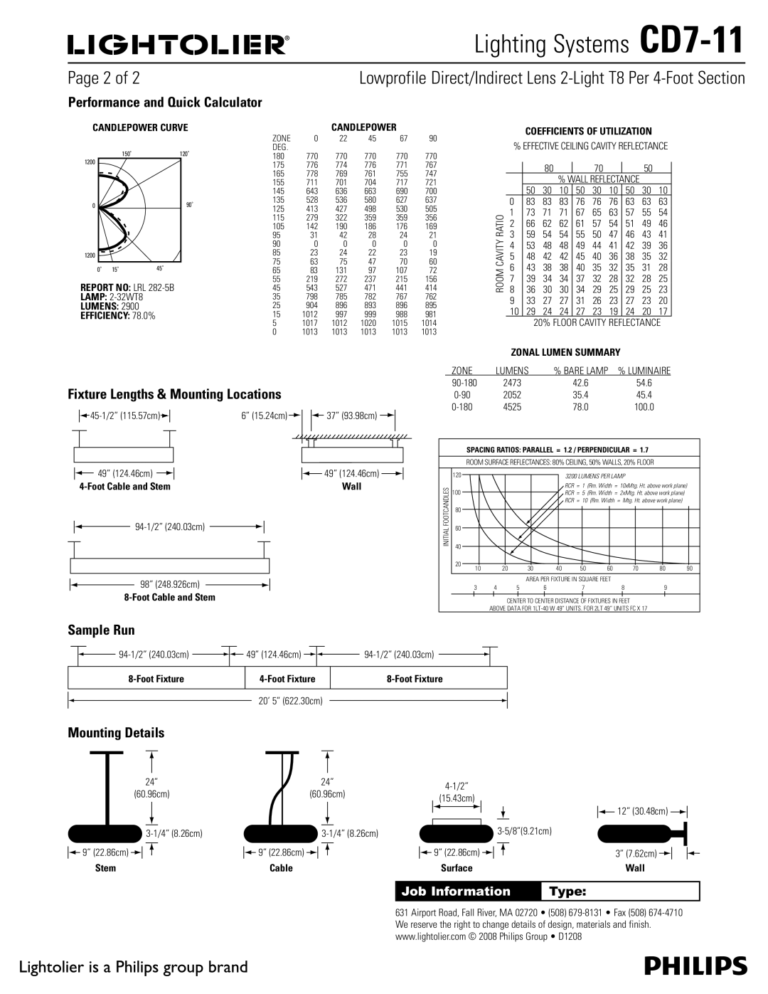 Lightolier CD7-11 Performance and Quick Calculator, Fixture Lengths & Mounting Locations, Sample Run, Mounting Details 