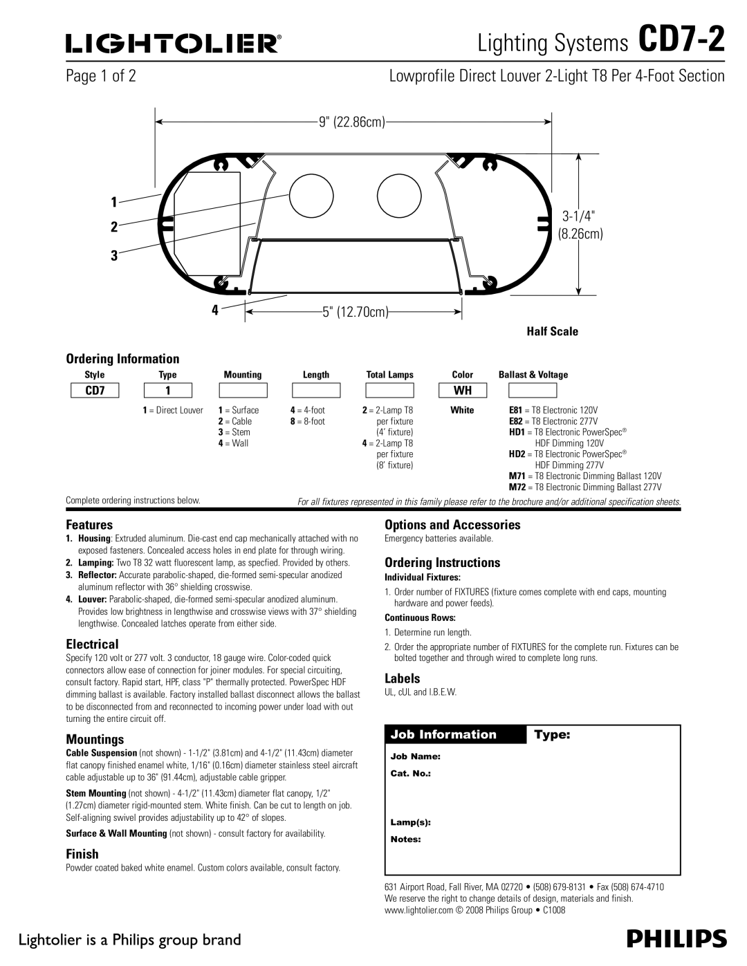 Lightolier CD7-2 brochure Ordering Information, Features, Electrical, Mountings, Finish, Options and Accessories, Labels 