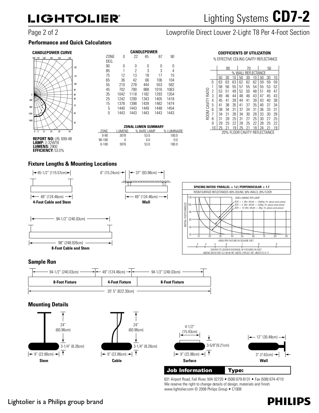 Lightolier CD7-2 Performance and Quick Calculators, Fixture Lengths & Mounting Locations, Sample Run, Mounting Details 