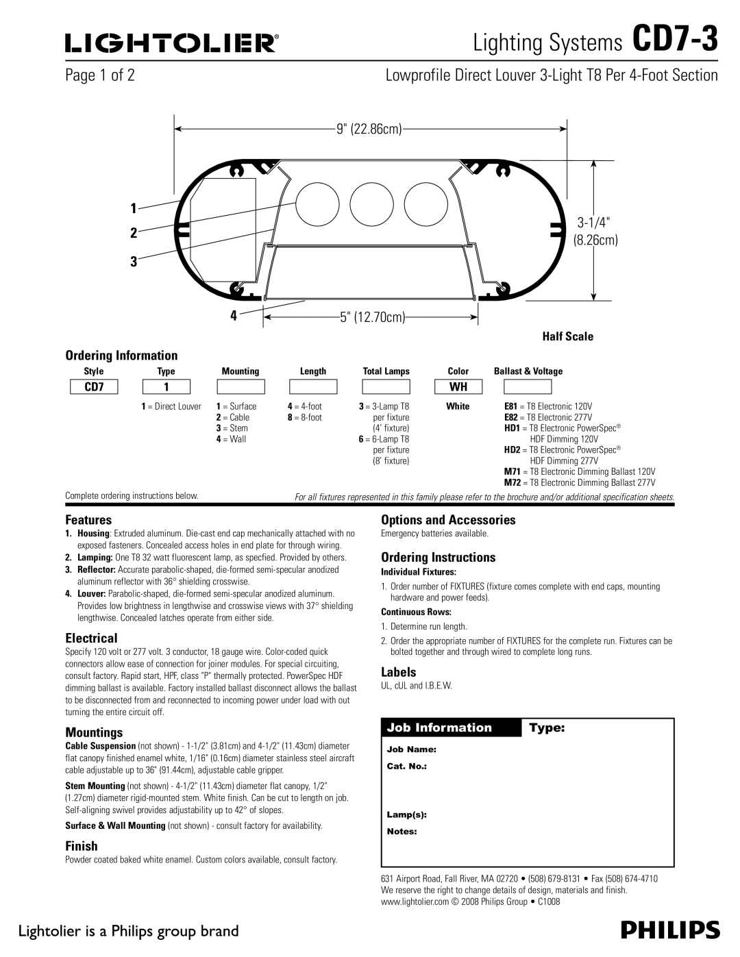 Lightolier CD7-3 brochure Ordering Information, Features, Electrical, Mountings, Finish, Options and Accessories, Labels 