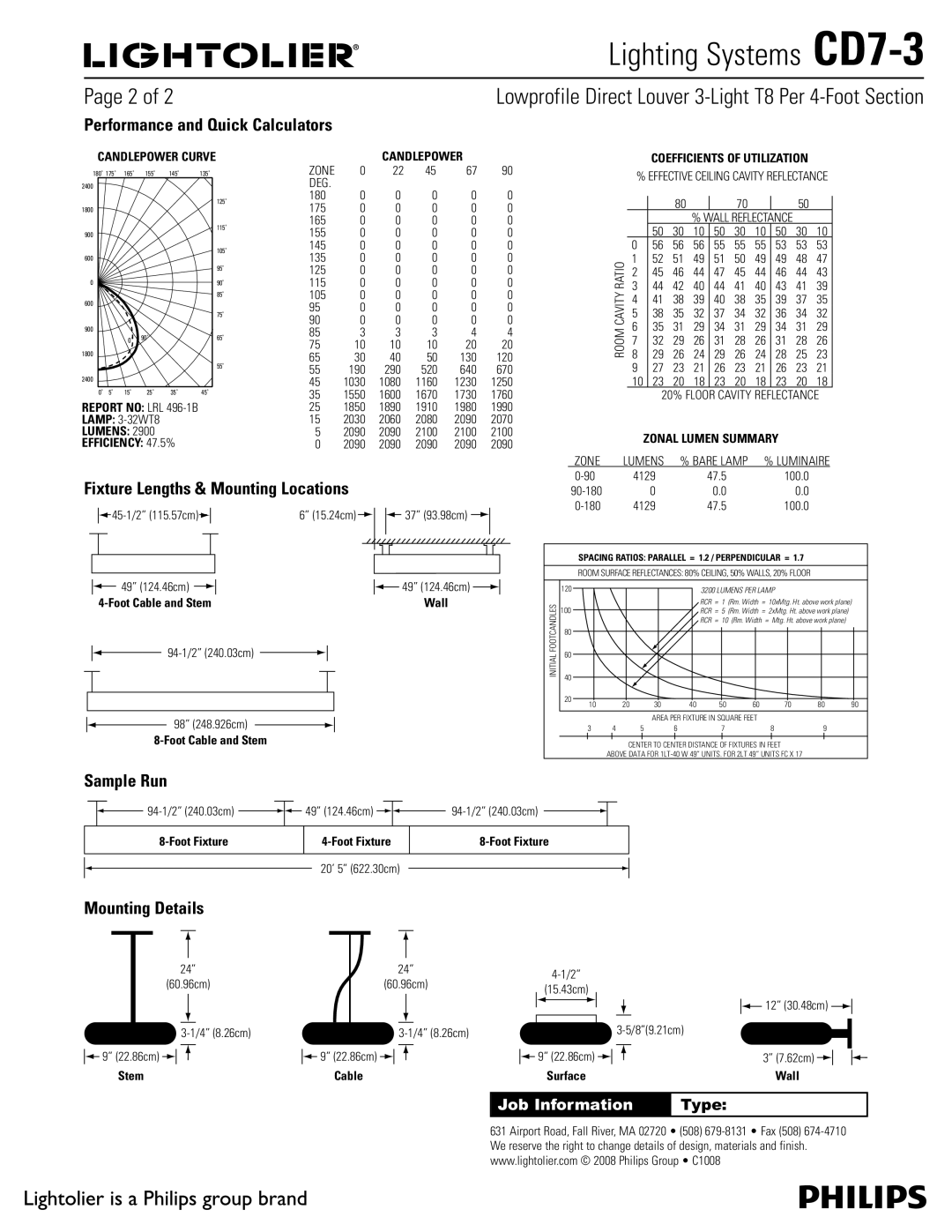 Lightolier CD7-3 Performance and Quick Calculators, Fixture Lengths & Mounting Locations, Sample Run, Mounting Details 