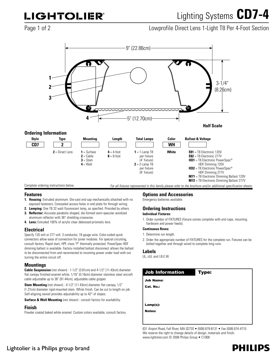 Lightolier CD7-4 brochure Ordering Information, Features, Electrical, Mountings, Finish, Options and Accessories, Labels 