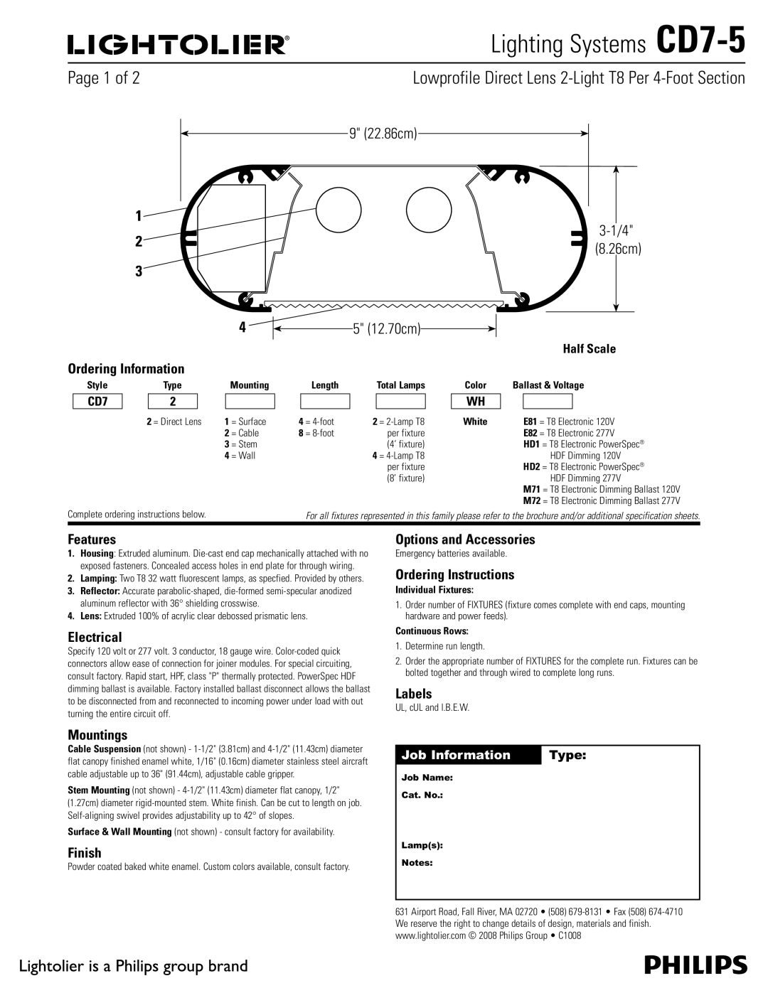 Lightolier CD7-5 brochure Ordering Information, Features, Electrical, Mountings, Finish, Options and Accessories, Labels 