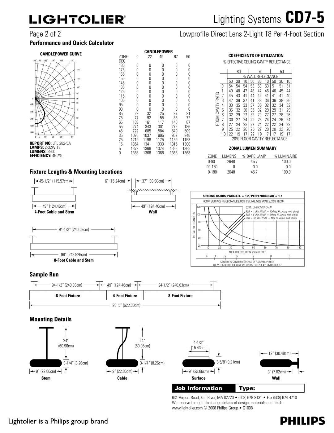 Lightolier CD7-5 Performance and Quick Calculator, Fixture Lengths & Mounting Locations, Sample Run, Mounting Details 