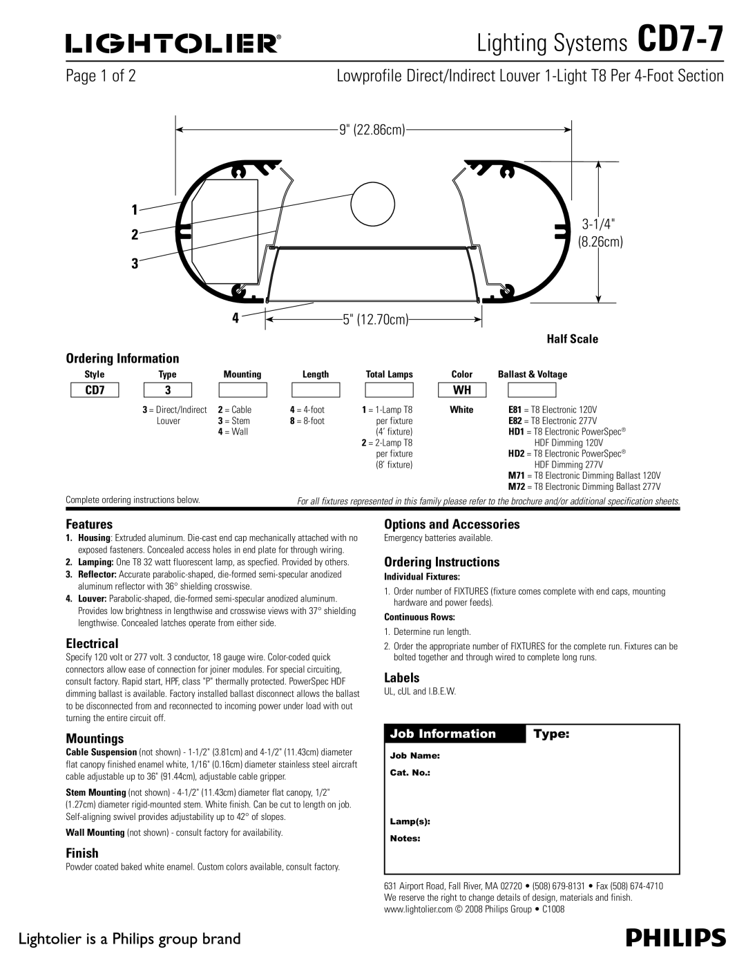 Lightolier CD7-7 brochure Ordering Information, Features, Electrical, Mountings, Finish, Options and Accessories, Labels 