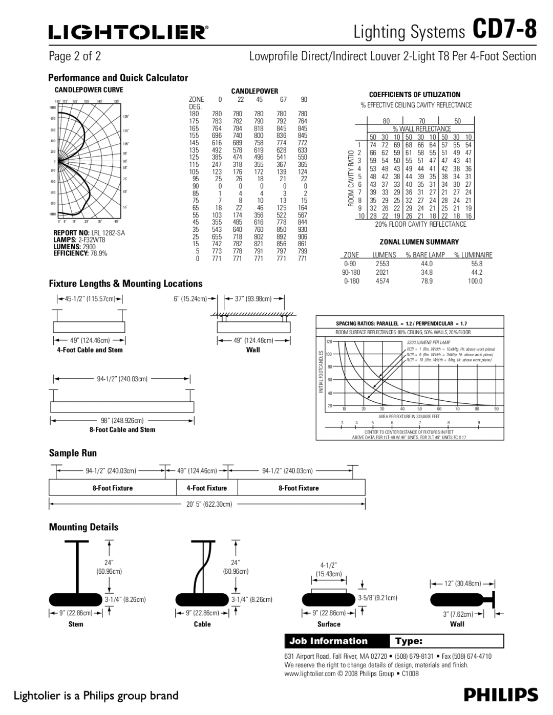 Lightolier CD7-8 Performance and Quick Calculator, Fixture Lengths & Mounting Locations, Sample Run, Mounting Details 