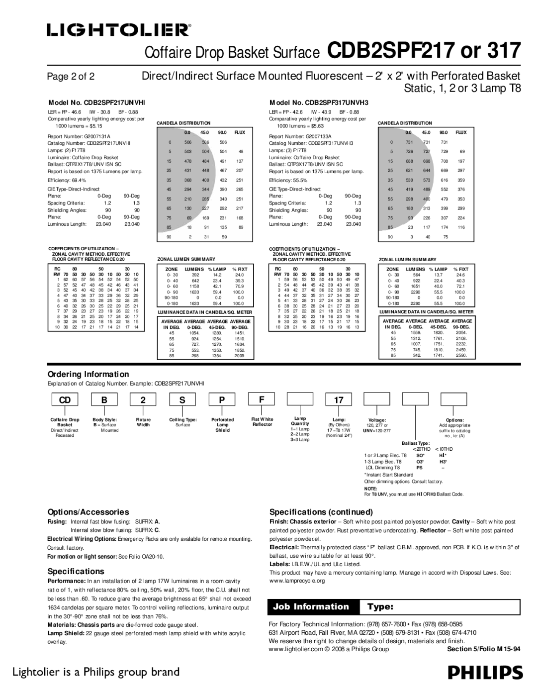 Lightolier CDB2SPF217, CDB2SPF317 dimensions Ordering Information, Options/Accessories, Specifications 