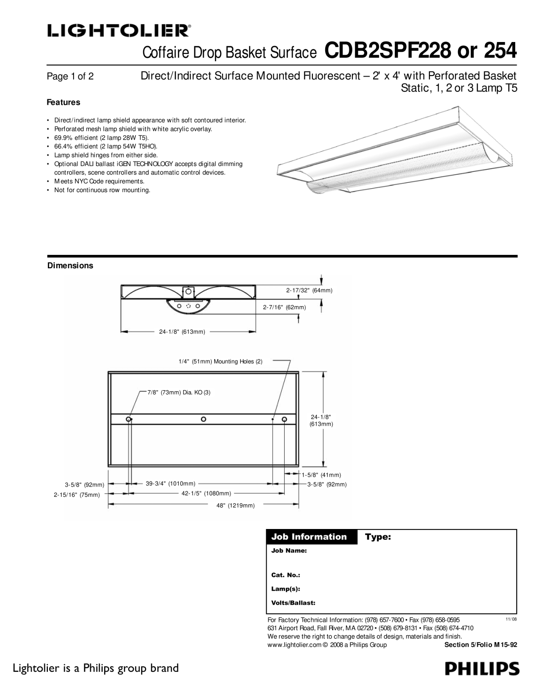 Lightolier CDB2SPF254, CDB2SPF228 dimensions Features, Dimensions, Job Information, 48 1219mm 