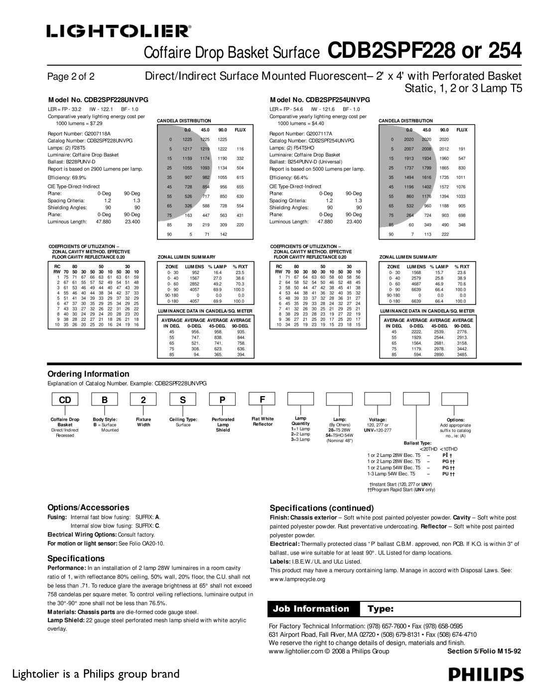 Lightolier CDB2SPF228, CDB2SPF254 dimensions Ordering Information, Options/Accessories, Specifications, Job Information Type 