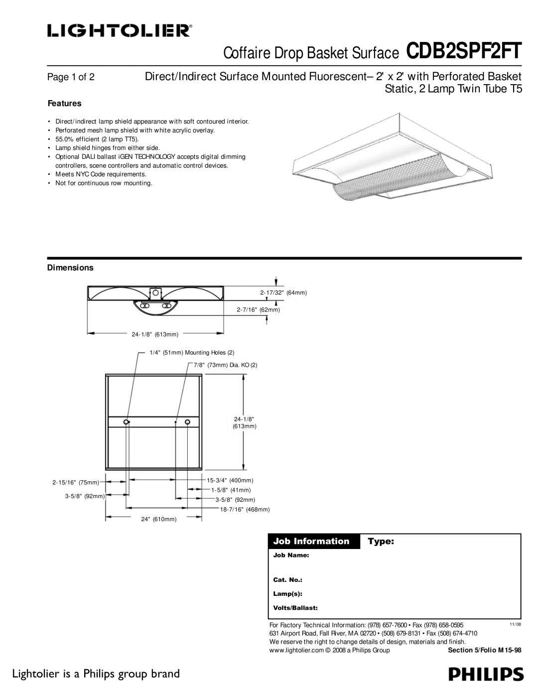 Lightolier CDB2SPF2FT dimensions Features, Dimensions, 24 610mm 