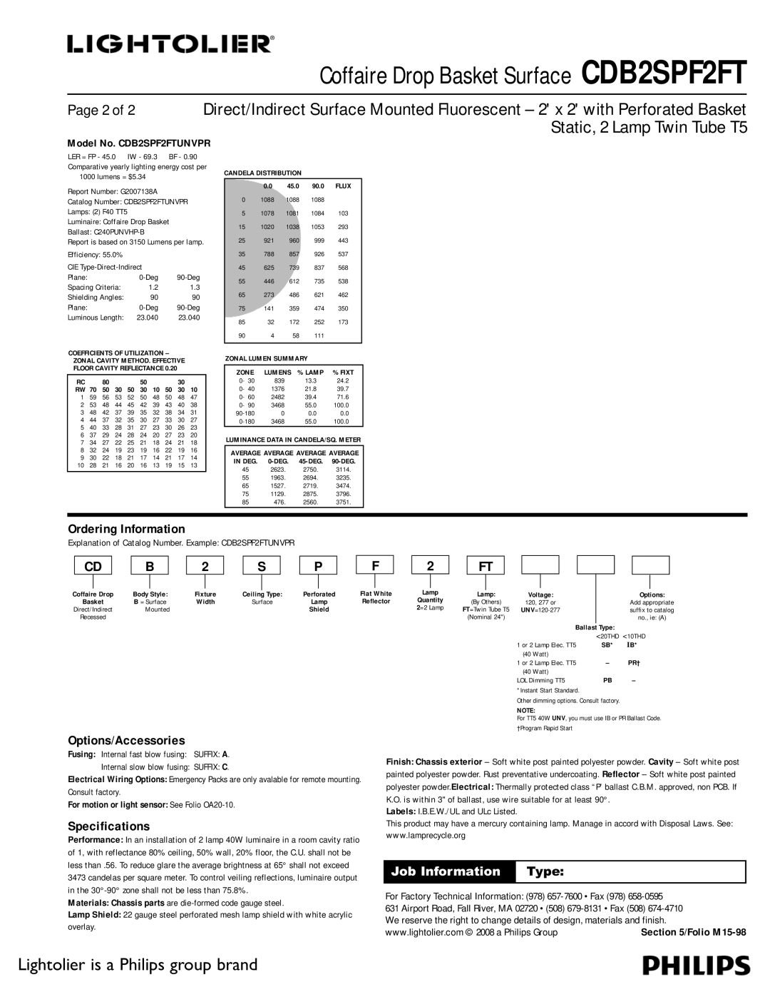 Lightolier CDB2SPF2FT dimensions Ordering Information, Options/Accessories, Specifications 