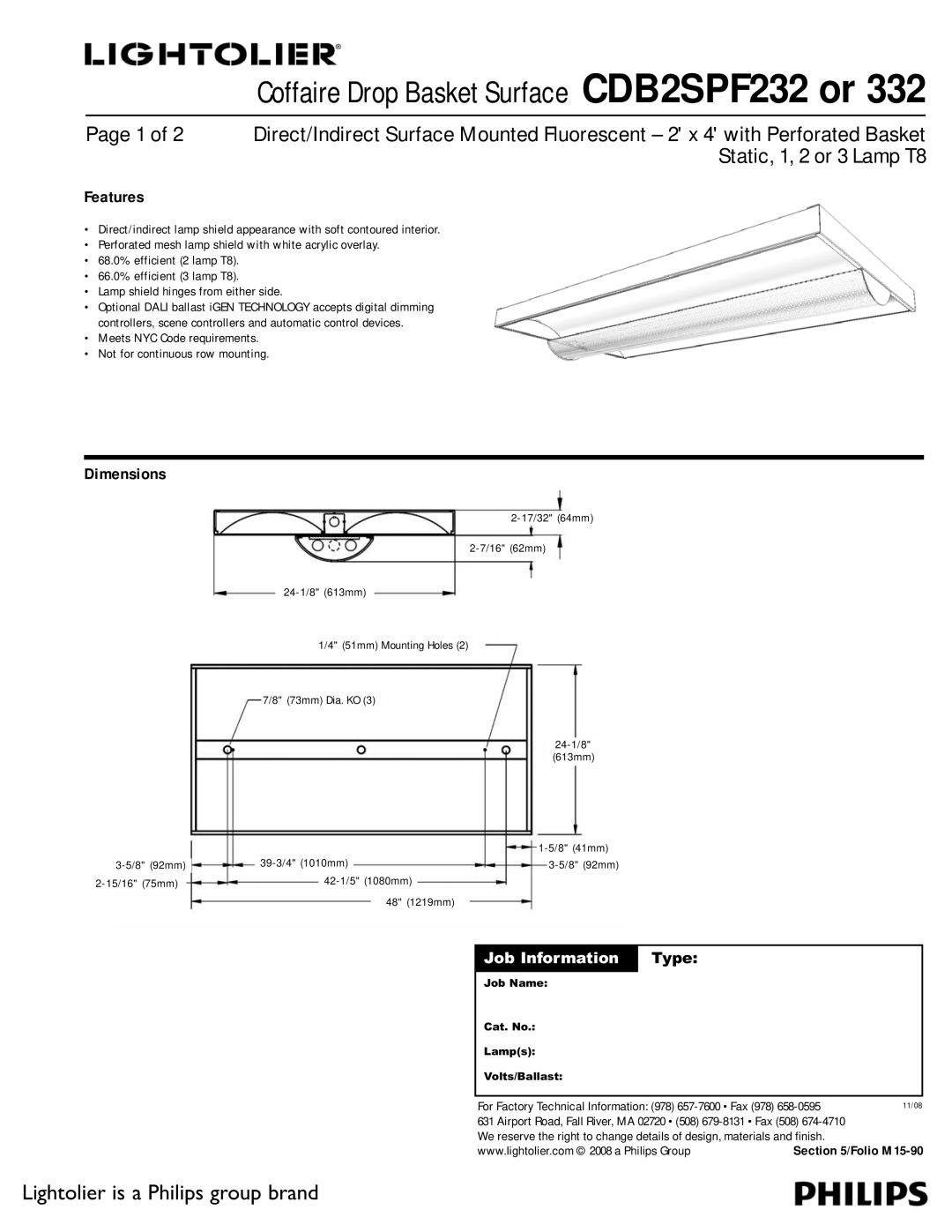 Lightolier CDB2SPF232, CDB2SPF332 dimensions Features, Dimensions, Job Information, 48 1219mm 