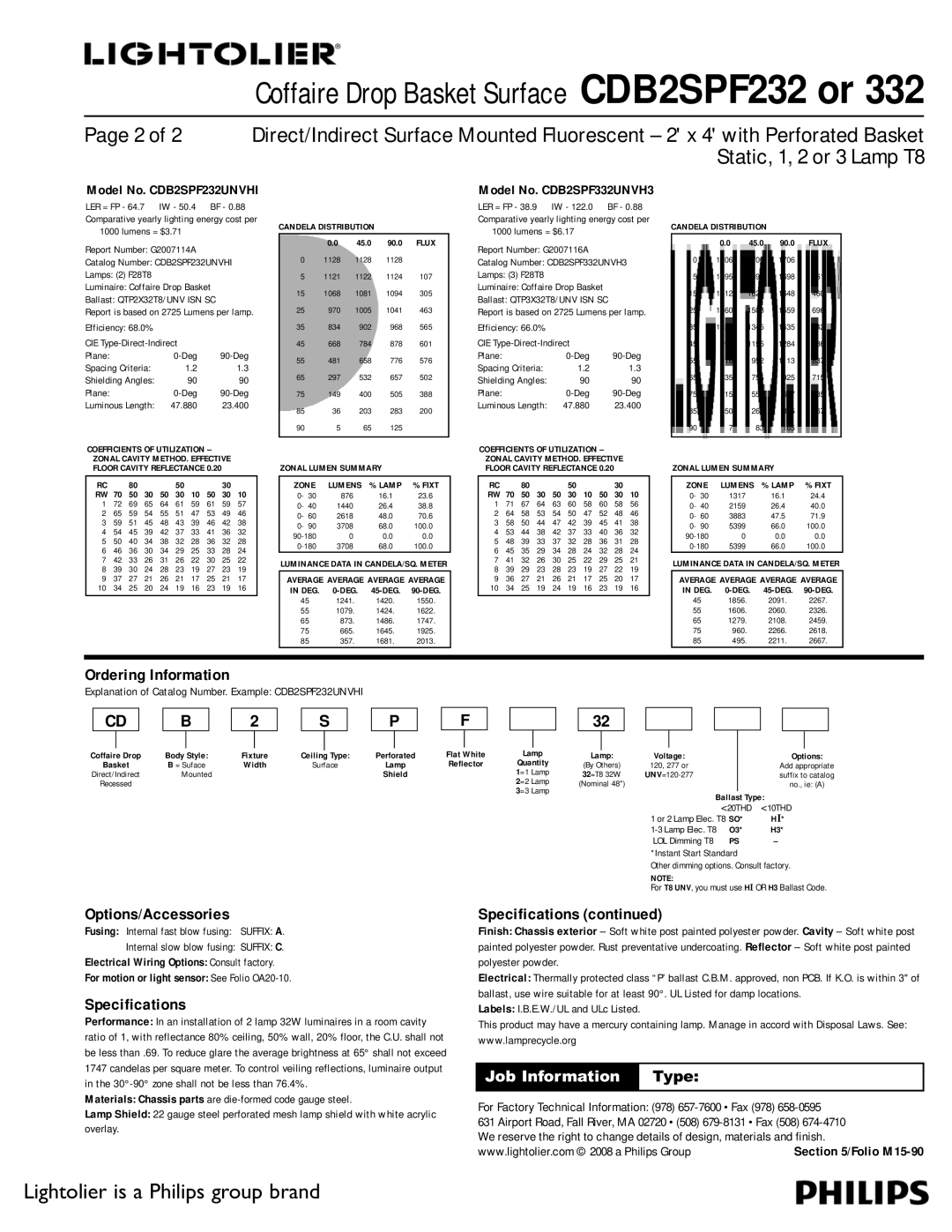 Lightolier CDB2SPF332, CDB2SPF232 dimensions Ordering Information, Options/Accessories, Specifications, Job Information Type 