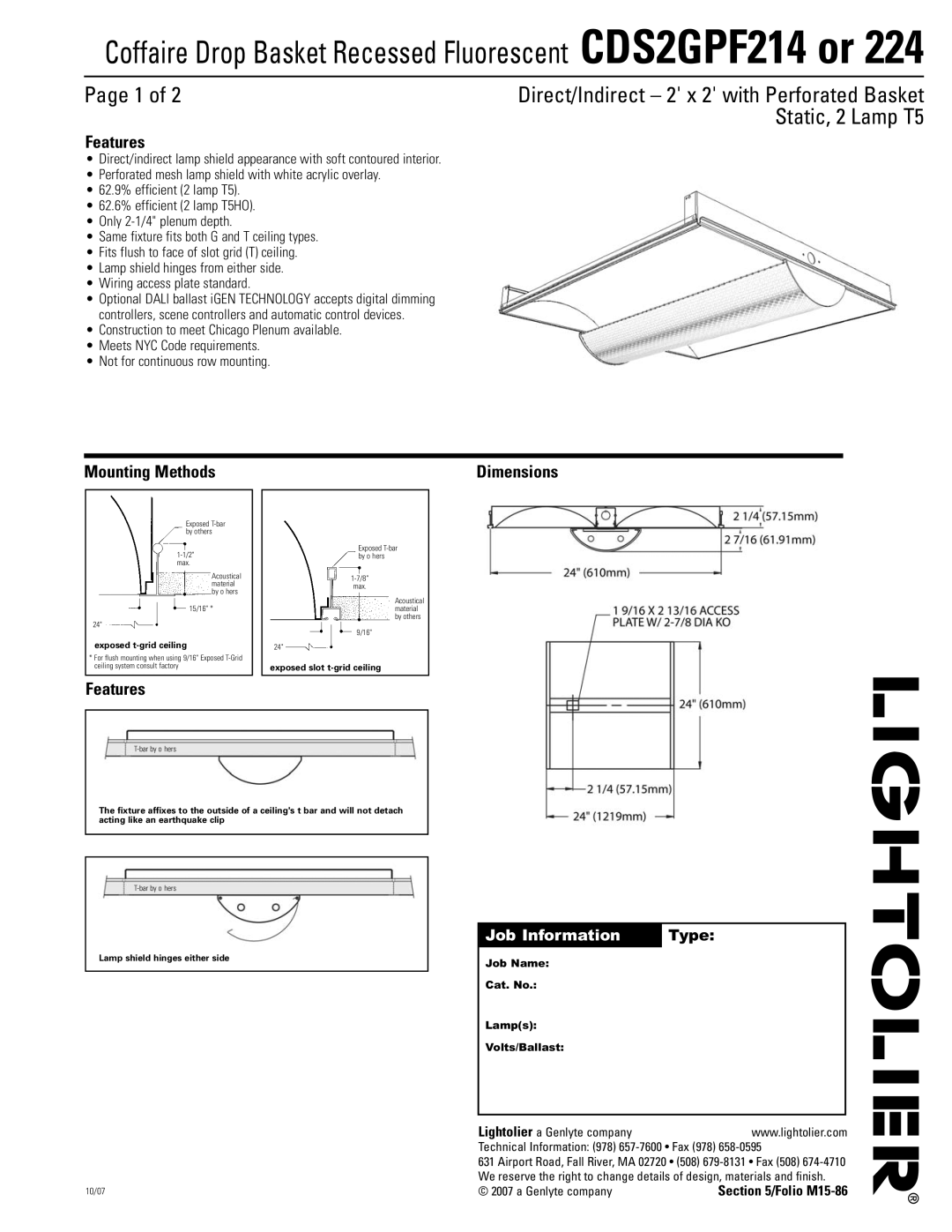 Lightolier CDS2GPF214 or 224 dimensions Features, Mounting Methods, Job Information Type 