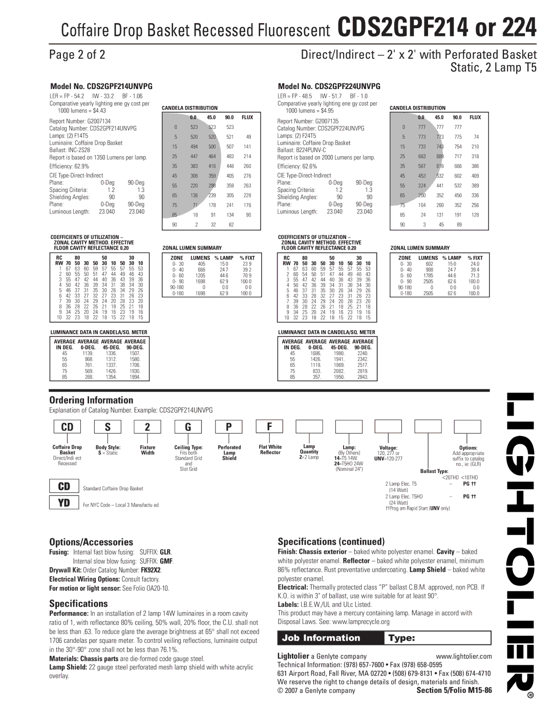 Lightolier CDS2GPF214 or 224 dimensions Ordering Information, Options/Accessories, Specifications, Job Information 