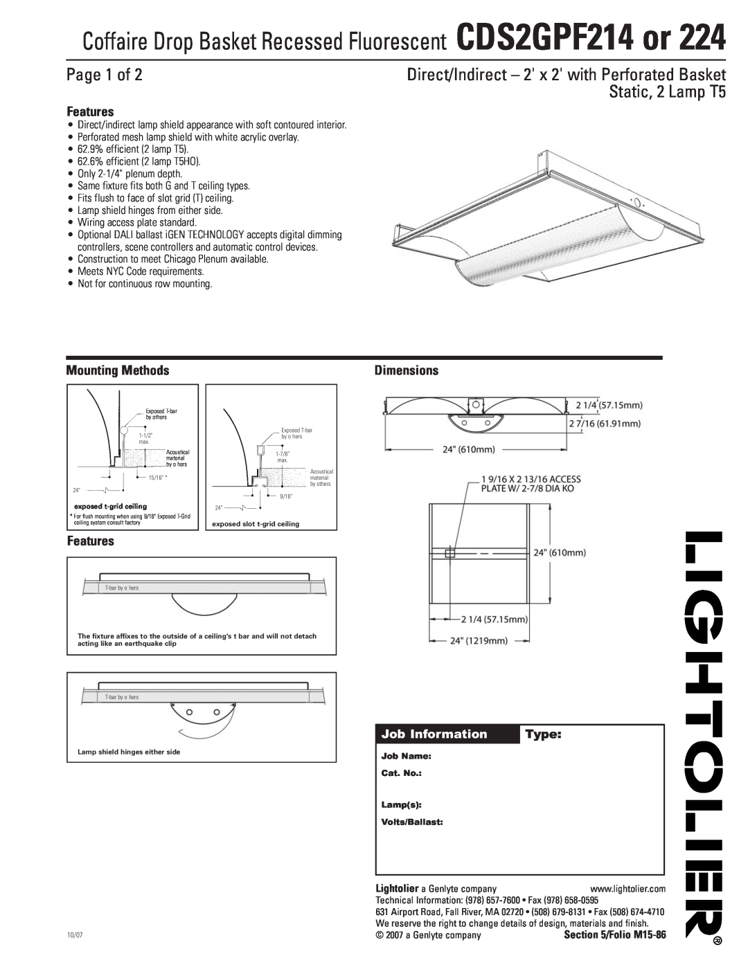 Lightolier CDS2GPF214 or 224 dimensions Page 1 of, Static, 2 Lamp T5, Direct/Indirect - 2 x 2 with Perforated Basket, Type 