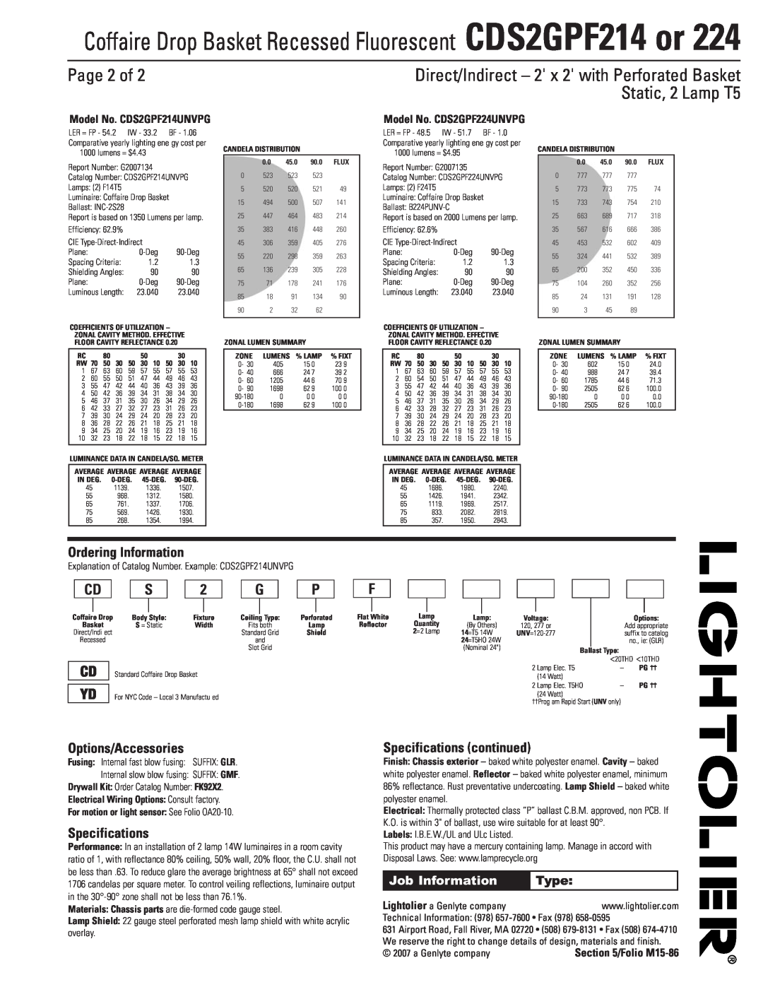 Lightolier CDS2GPF214 or 224 Page 2 of, Ordering Information, Options/Accessories, Specifications continued, Type 