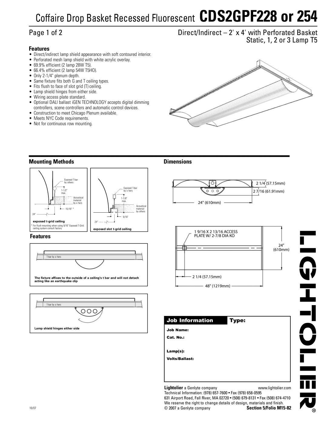 Lightolier CDS2GPF254, CDS2GPF228 dimensions Features, Mounting Methods, Dimensions, Job Information Type 