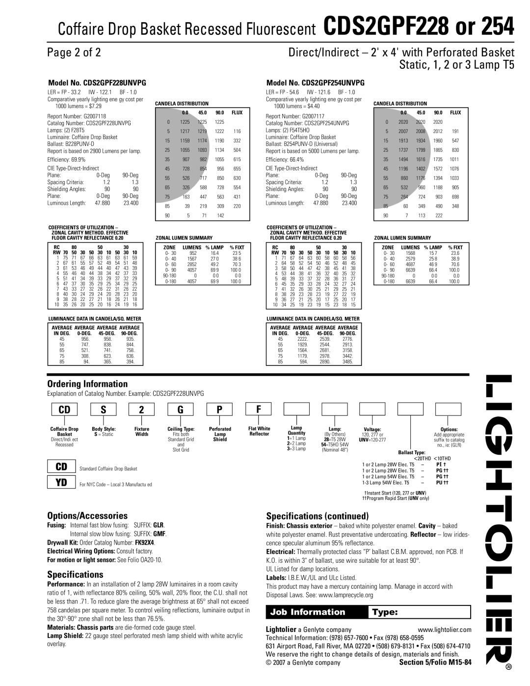 Lightolier CDS2GPF228, CDS2GPF254 dimensions Ordering Information, Options/Accessories, Specifications, Job Information 