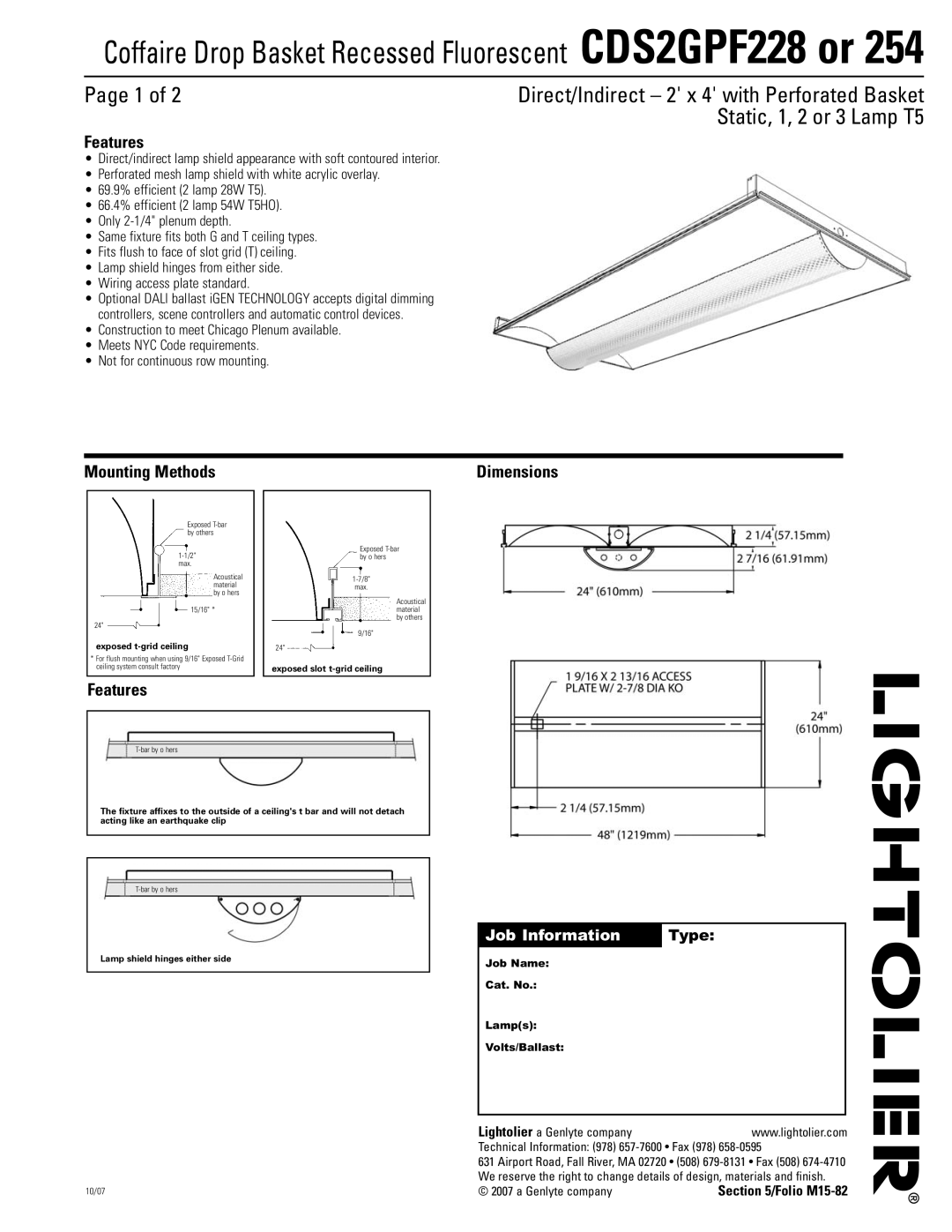 Lightolier CDS2GPF254, CDS2GPF228 dimensions Page 1 of, Features, Mounting Methods, Dimensions, Job Information, Type 