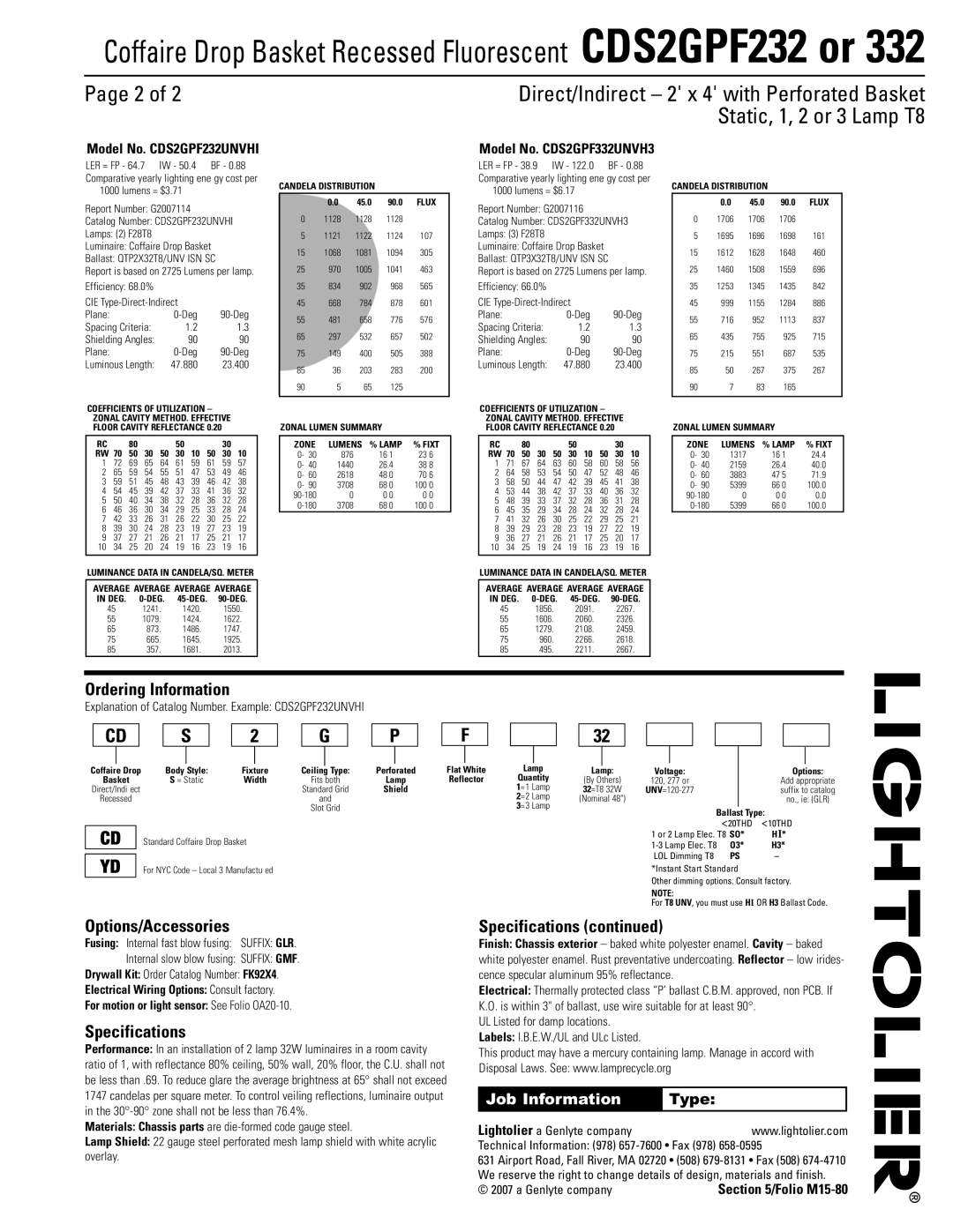 Lightolier CDS2GPF232 or 332 dimensions Ordering Information, Options/Accessories, Specifications, Job Information 