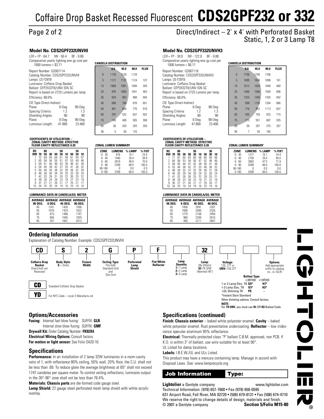 Lightolier CDS2GPF232 or 332 Page 2 of, Ordering Information, Options/Accessories, Specifications, Job Information, Type 
