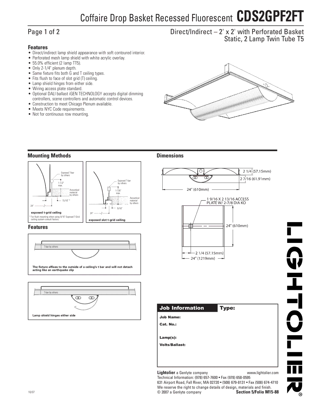 Lightolier CDS2GPF2FT dimensions Features, Mounting Methods, Exposed t-grid ceiling, Exposed slot t-grid ceiling 