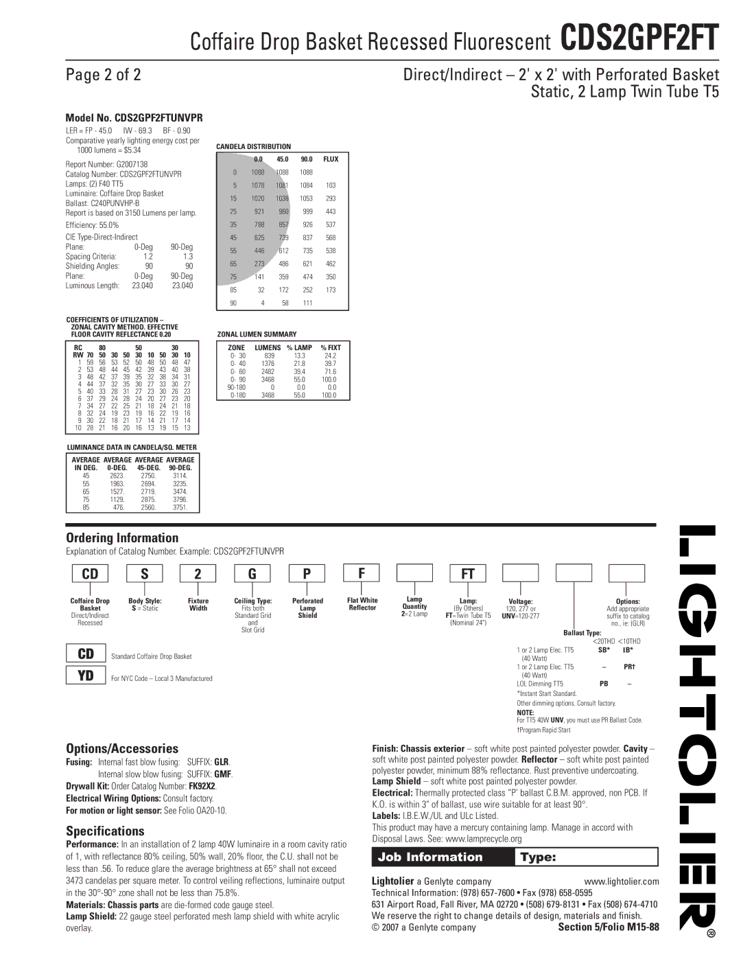 Lightolier CDS2GPF2FT dimensions Ordering Information, Options/Accessories, Specifications 