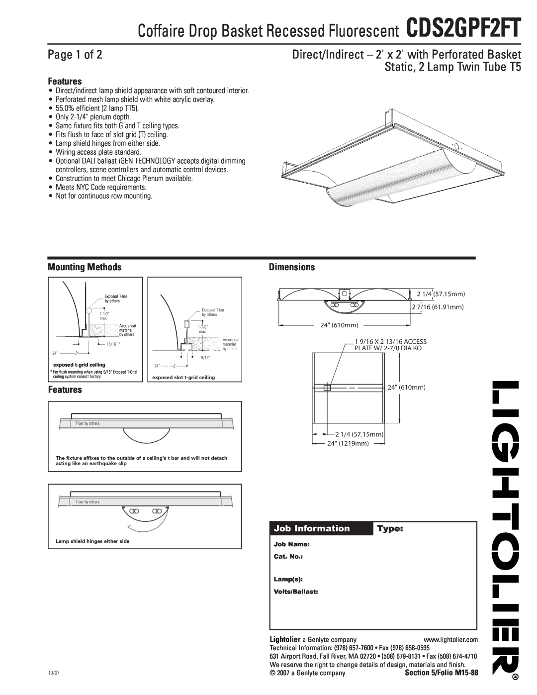 Lightolier CDS2GPF2FT dimensions Page 1 of, Features, Mounting Methods, Job Information, Type, Dimensions 