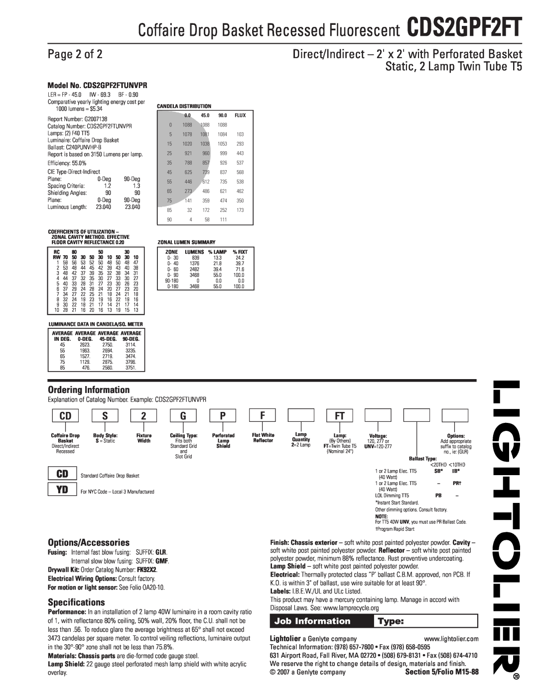 Lightolier CDS2GPF2FT Page 2 of, Direct/Indirect - 2 x 2 with Perforated Basket, Static, 2 Lamp Twin Tube T5, Folio M15-88 