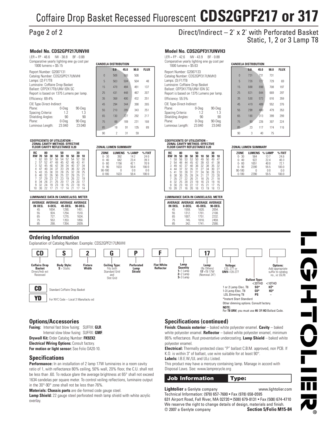 Lightolier CDS2GPF317, CDS2GPF217 dimensions Ordering Information, Options/Accessories, Specifications, Job Information 