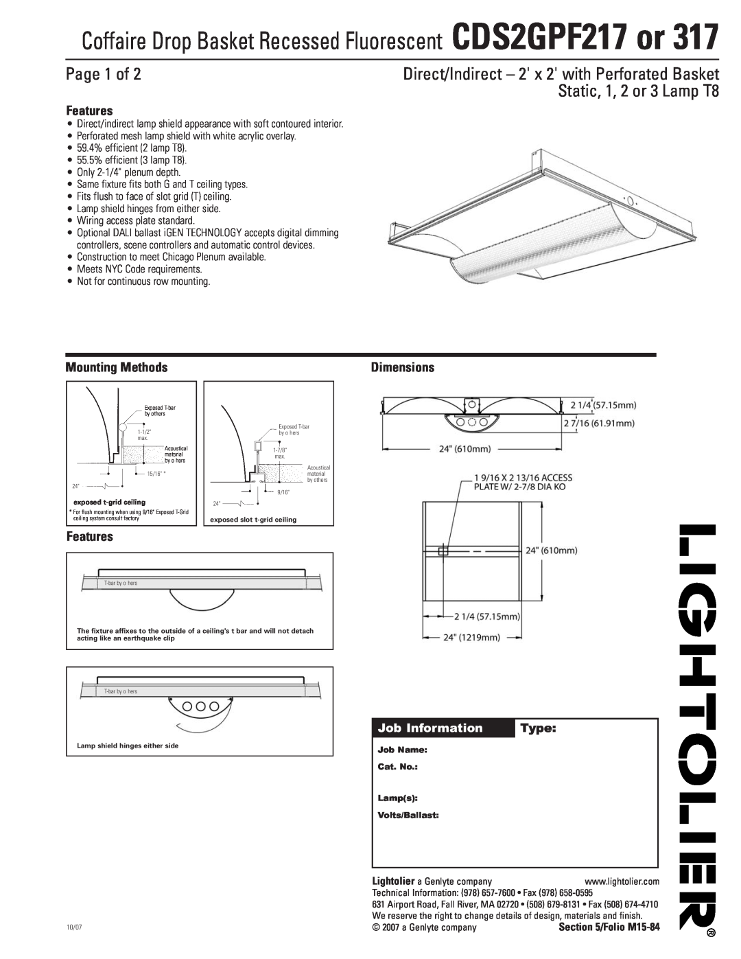 Lightolier CDS2GPF217, CDS2GPF317 dimensions Page 1 of, Features, Mounting Methods, Job Information, Type, Dimensions 